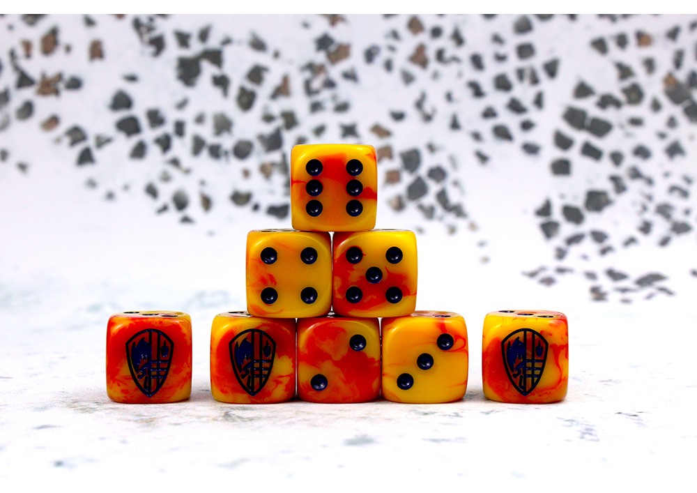 Hundred Kingdom Faction Dice on Red swirl